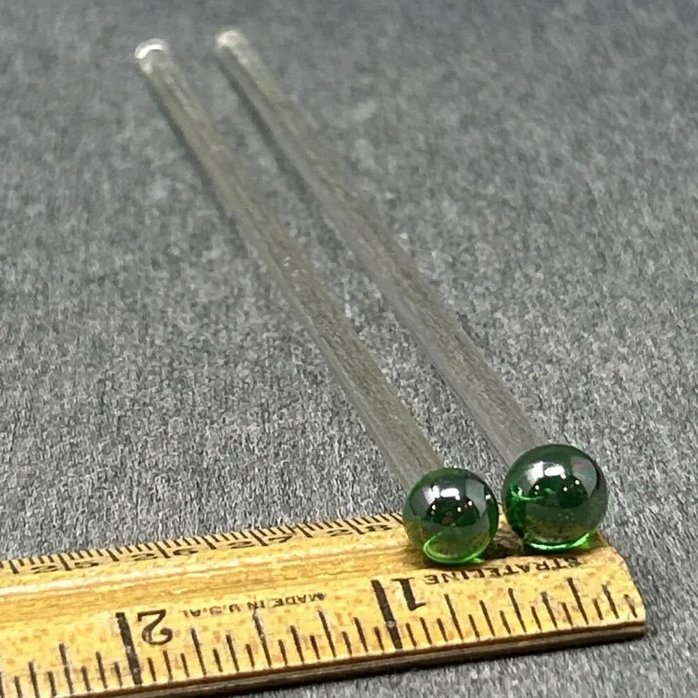 VTG Two Glass Stir Sticks Round Green Carnival Glass Ball Clear Swizzle Rods 7